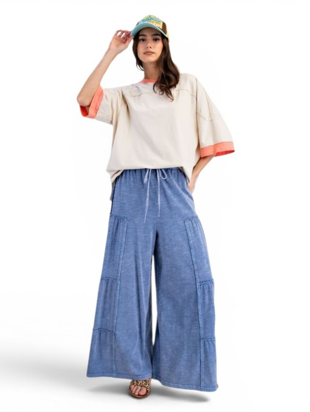 Easel Mineral Washed Tiered Pants Washed Denim Blue New - Picture 2 of 7